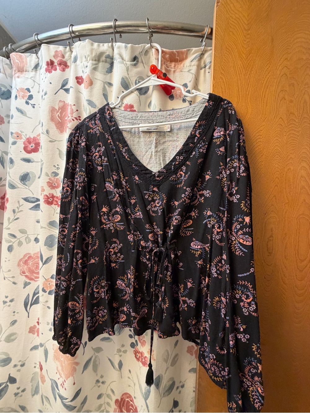 Idyllwind Black V-Neck Floral Tie-Front Blouse with Pink Accents
